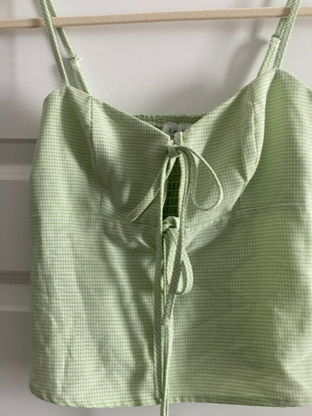 Le Lis Green White Gingham Smocked Tie Front Tank Top - Size S